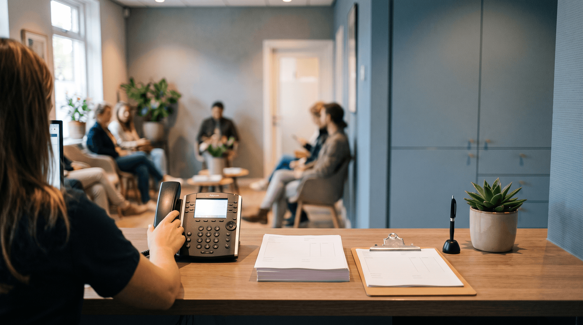 Drukke receptiebalie met een rinkelende telefoon en een stapel lege inschrijfformulieren