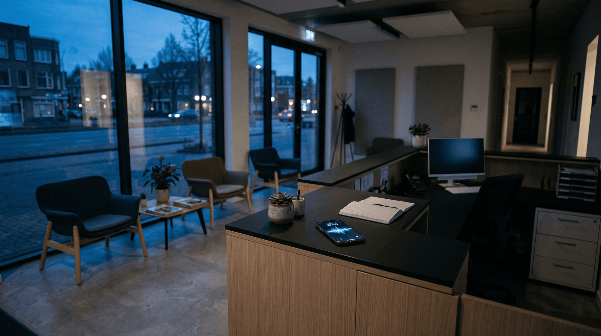 Gesloten tandartspraktijk in de avond, met op de balie een telefoon waarop een gesprek loopt
